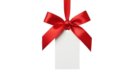 Price tag with red ribbon hanging on transparent surface for sales