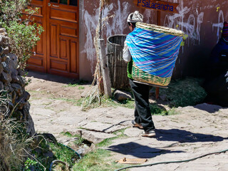 Porter carrying heavy load, Lake Titicaca, Peru