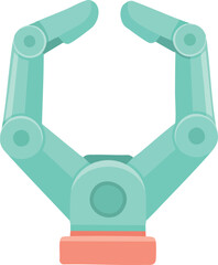 A teal robotic gripper arm positioned upright with open mechanical pincers