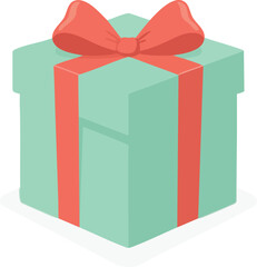 A mint-green gift box with a large red bow stands as a cheerful symbol of giving and celebration