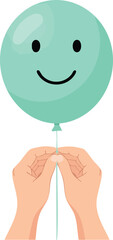 A pair of hands gently holds the string of a smiling teal balloon floating above them