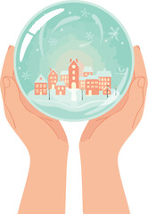 Hands gently holding a glowing winter snow globe with a tiny festive town inside