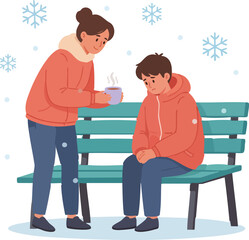 A caring person offers a warm drink to a sad boy sitting on a bench during a cold winter day