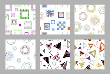 Seamless pattern of geometric shapes. Bright seamless pattern. Set of 6 patterns. Design for fabric, wallpaper, wrapping paper