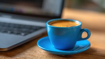 Vibrant blue espresso cup rests beside an open portable computer on a wooden surface.