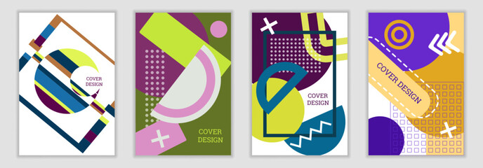 Bright background in Memphis style. Set of 4 geometric cover designs. Fashionable bright cover