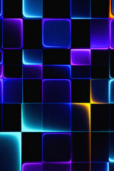 Abstract glowing neon geometric rectangles with vibrant blue purple and yellow light effects on a dark background