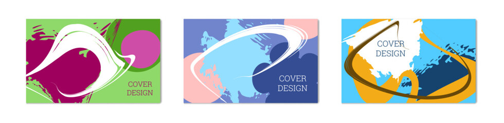 Paint strokes and geometric elements. Set of 3 multi-colored backgrounds. Notebook or notebook cover design. Unusual creative background.