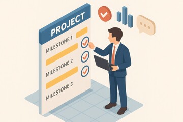 Manager with laptop completing project milestones, achieving goals, and tracking progress on a planning board