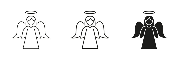 Obraz premium Angel With Halo In Line, Outline, And Glyph Icon Set. Spirituality, Protection, And Divine Guidance Symbol Collection. Religious And Mythological. Isolated Vector Illustration