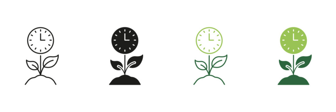 Clock And Plant Growth Line And Solid Icon Set. Time Management And Natural Growth Symbol Collection. Environmental Sustainability And Development. Isolated Vector Illustration