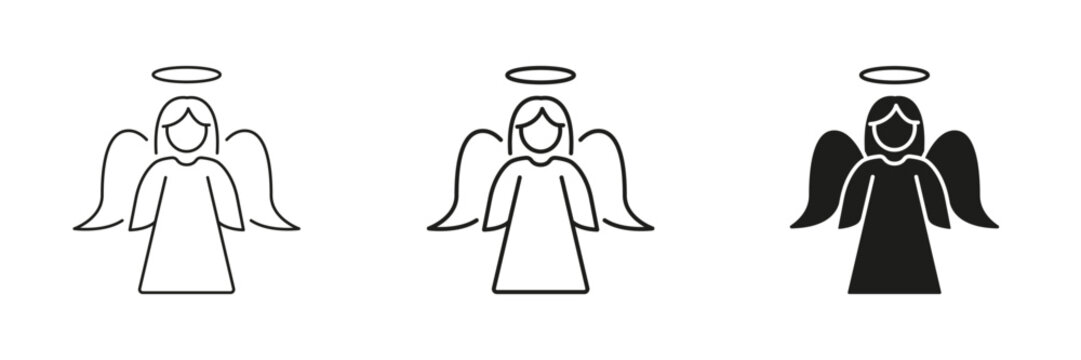 Angel With Halo In Line, Outline, And Glyph Icon Set. Spirituality, Protection, And Divine Guidance Symbol Collection. Religious And Mythological. Isolated Vector Illustration