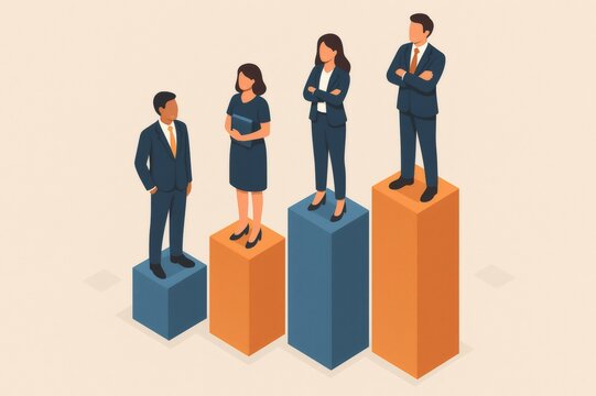 Business team members standing on different levels of an ascending bar chart, representing career progression and professional growth