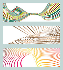 Wavy lines or ribbons. Set of 3 backgrounds. Multicolored striped gradient. Creative unusual background with abstract gradient wave lines to create a trendy banner, poster. vector eps
