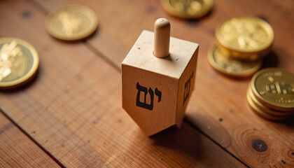 Spinning dreidel on hardwood floor with gold coins, celebration of Hanukkah