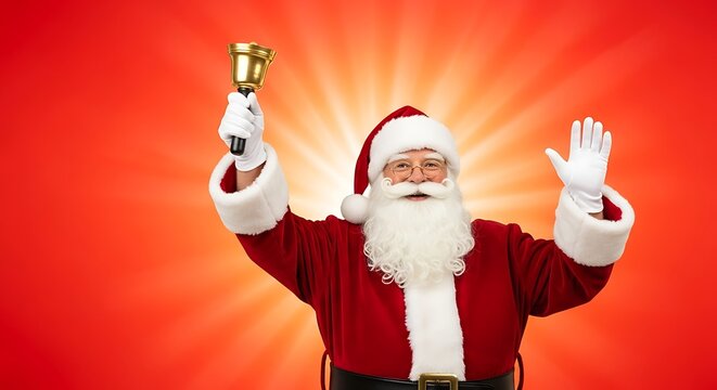 Smiling Santa Claus in a traditional red suit waving and ringing a golden handbell against a vibrant red starburst background.