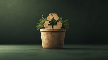 Recycling symbol made of wood in a plant pot on dark background for International Earth Day