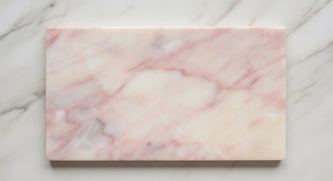 A pink marble board on a white marble surface top view
