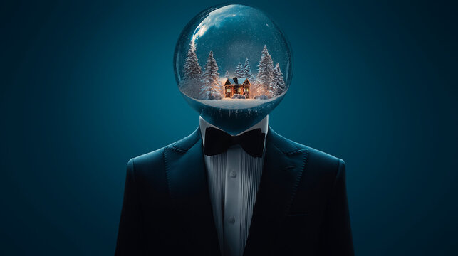 Man in a tuxedo with his head replaced by a glittering crystal snow globe containing a miniature winter village