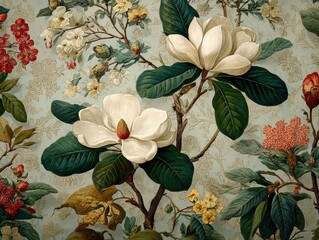 Fototapeta premium Flower pattern floral magnolia background seamless white line texture spring abstract. Elegant flower pattern floral design plant art outline leaf pink print wallpaper wedding illustration vintage