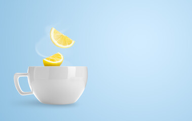 Citrus drink for health boosting. Lemon pieces falling into cup on light blue background. Cold season remedy