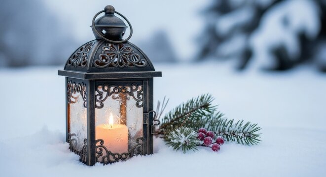 Winter Lantern's Glow: A vintage lantern illuminated by a single candle rests gracefully in a snow-covered landscape, beside a sprig of evergreen, the scene exudes warmth and tranquility.