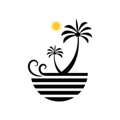 Minimalist tropical island vector illustration featuring palm trees, sun, and waves in a simple black and white design