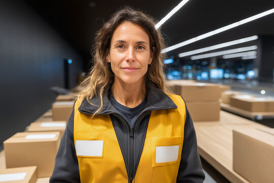 Warehouse employee in yellow vest working around packages in organized modern logistics distribution center