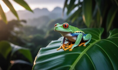 Vibrant red-eyed tree frog perched on a lush green leaf in a tropical rainforest.  Sunrise or sunset light filters through the dense foliage