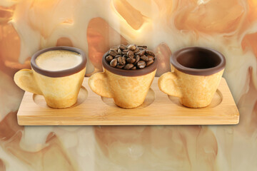Set of edible biscuit cups with tasty drink and coffee beans, poster