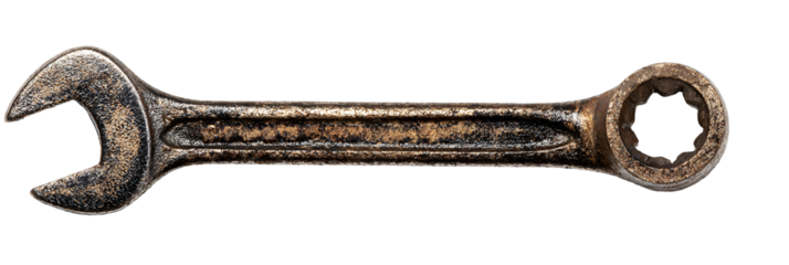 Old rusty metal spanner tool isolated on transparent background
