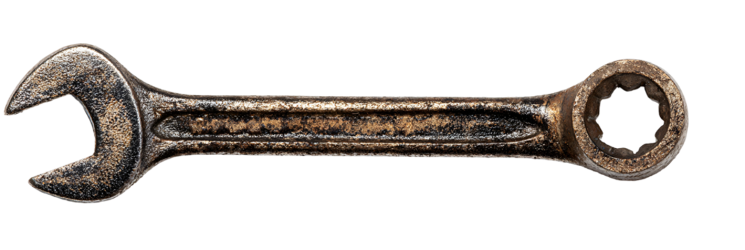 Old rusty metal spanner tool isolated on transparent background - Powered by Adobe