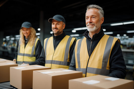 Team of warehouse workers handling packages on conveyor line in busy organized distribution logistics center