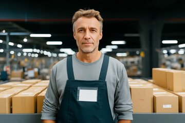 Warehouse worker standing confidently in packaging area surrounded by organized cardboard shipping boxes