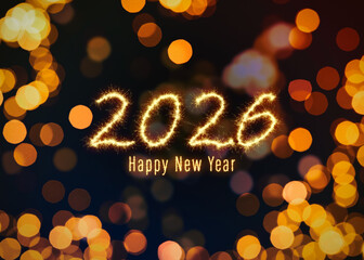 Happy New Year 2026 greeting card with bokeh lights on dark background