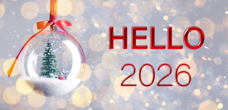 Merry Christmas and Happy New Year! Hello 2026, festive ornament and bokeh lights on card