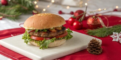 This image showcases a festive holiday setting featuring a close-up of a juicy burger with lettuce and tomato, placed atop a pristine red tablecloth. The burger is centrally positioned and appears to