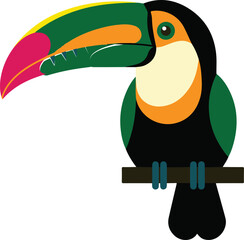 Colorful toucan bird with large beak perched on a branch flat vector animal wildlife vector illustration EPS file download.
