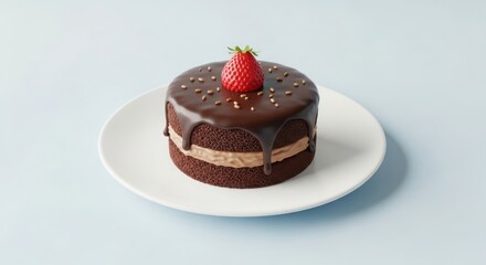Decadent individual chocolate cake with rich ganache, fresh strawberry, creamy filling, and sprinkles, served elegantly on a pristine white dessert plate. illustration