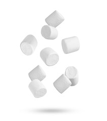 Fresh mallows flying in air on white background