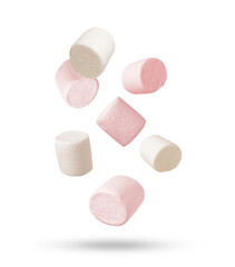 Fresh mallows flying in air on white background