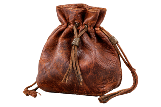 Vintage brown leather drawstring pouch or coin purse isolated on transparent background