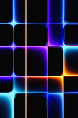 Abstract grid pattern with vibrant neon lights and glowing edges on a dark background