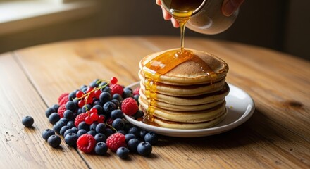 Golden maple syrup being generously poured over a delectable stack of fluffy pancakes, surrounded by vibrant fresh berries on a rustic wooden table. illustration