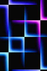 Abstract geometric pattern with glowing neon blue and purple lines on a black background