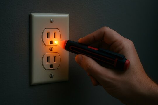Hand holding a glowing non contact voltage tester, checking a typical household wall outlet for electrical current
