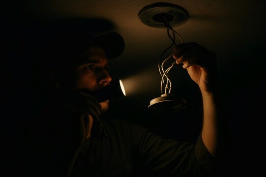 Electrician troubleshooting a home electrical issue, examining exposed ceiling wires with a focused flashlight beam in the dark