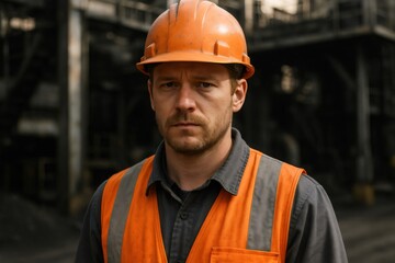 Professional man wearing protective equipment at a construction site or industrial complex, focusing on workplace safety