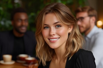 Young business professionals working remotely and meeting in a casual cafe setting