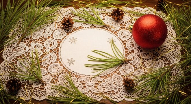 Festive Arrangement for the Season: A meticulously composed holiday scene, with delicate lace, evergreen branches, and a vibrant ornament, all harmoniously arranged.